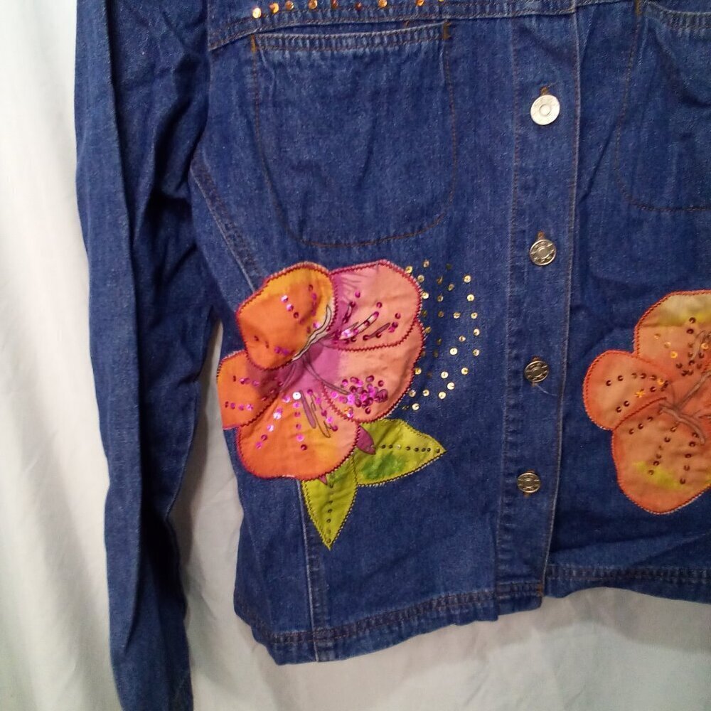 Lighthouse Apparel Jacket Women M Denim Flower Patches Sequins Button Up - Picture 6 of 15